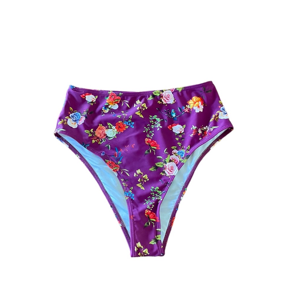 Cupshe purple floral pull on high waist cheeky bikini swim bottom size medium